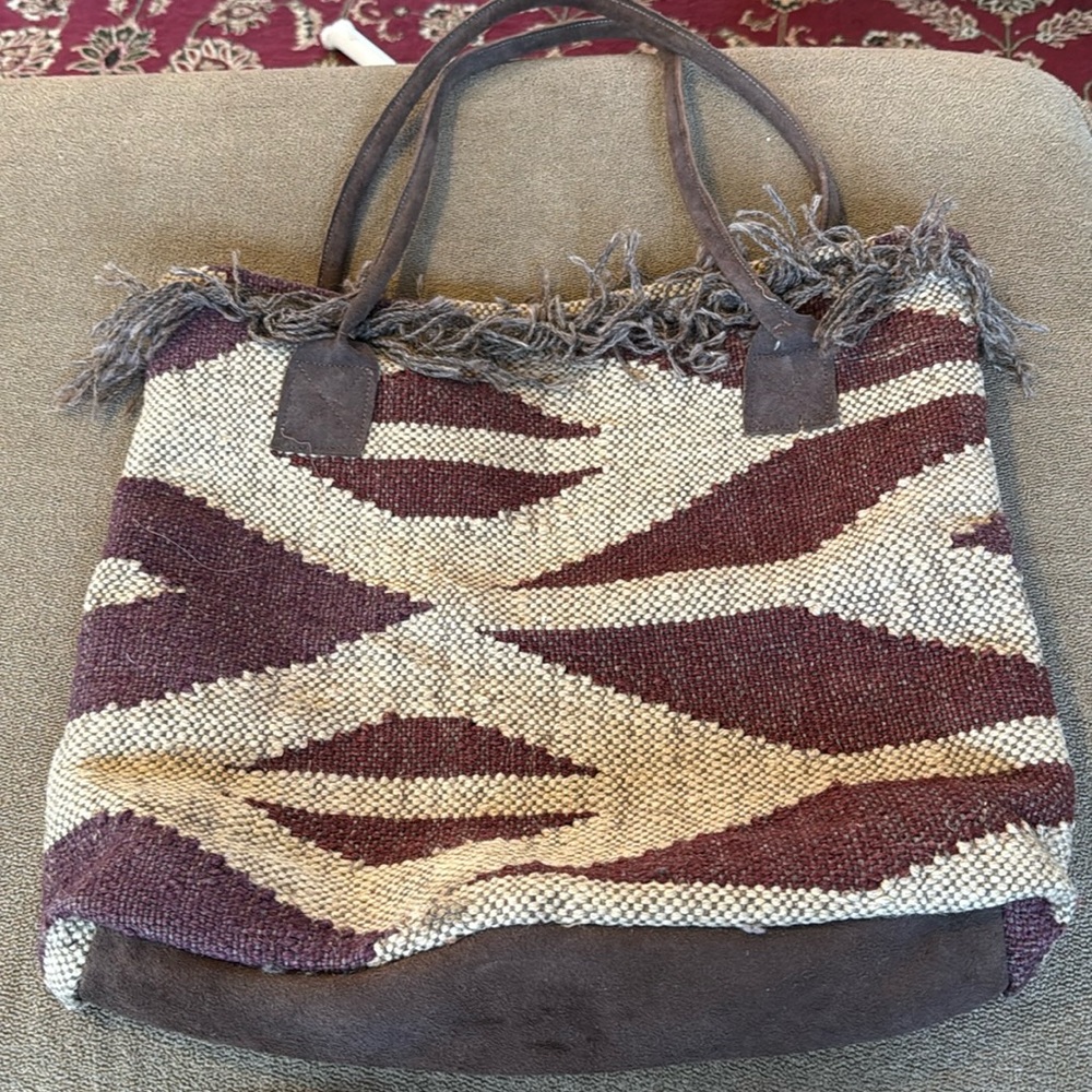 Unbranded Large Woven Straw Tote Beach Everyday Bag Brown Red (TD)
